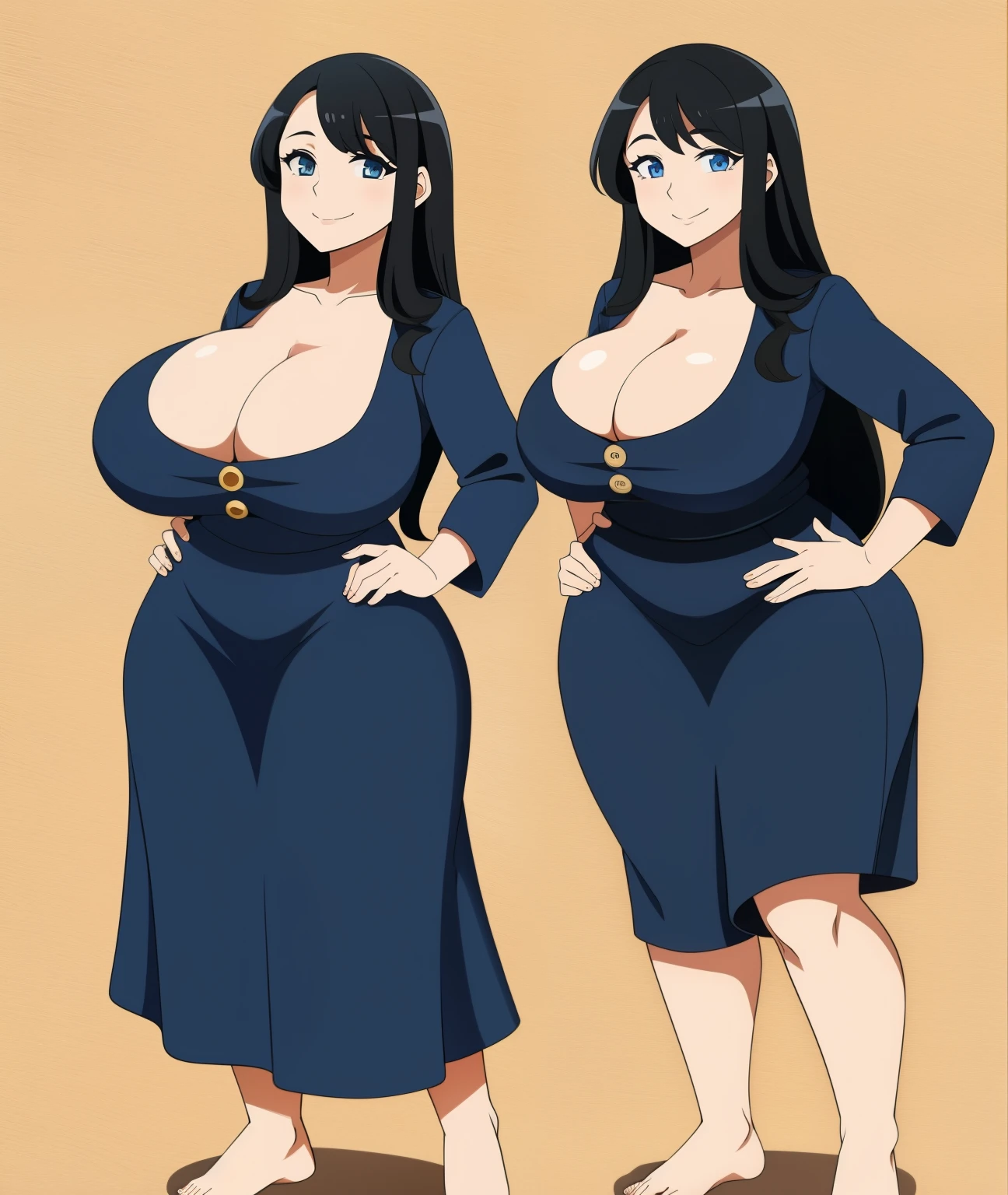 A woman, smiling, curvy, busty, black hair, long hair, front view, thick thighs, oppai, full-body view, barefoot