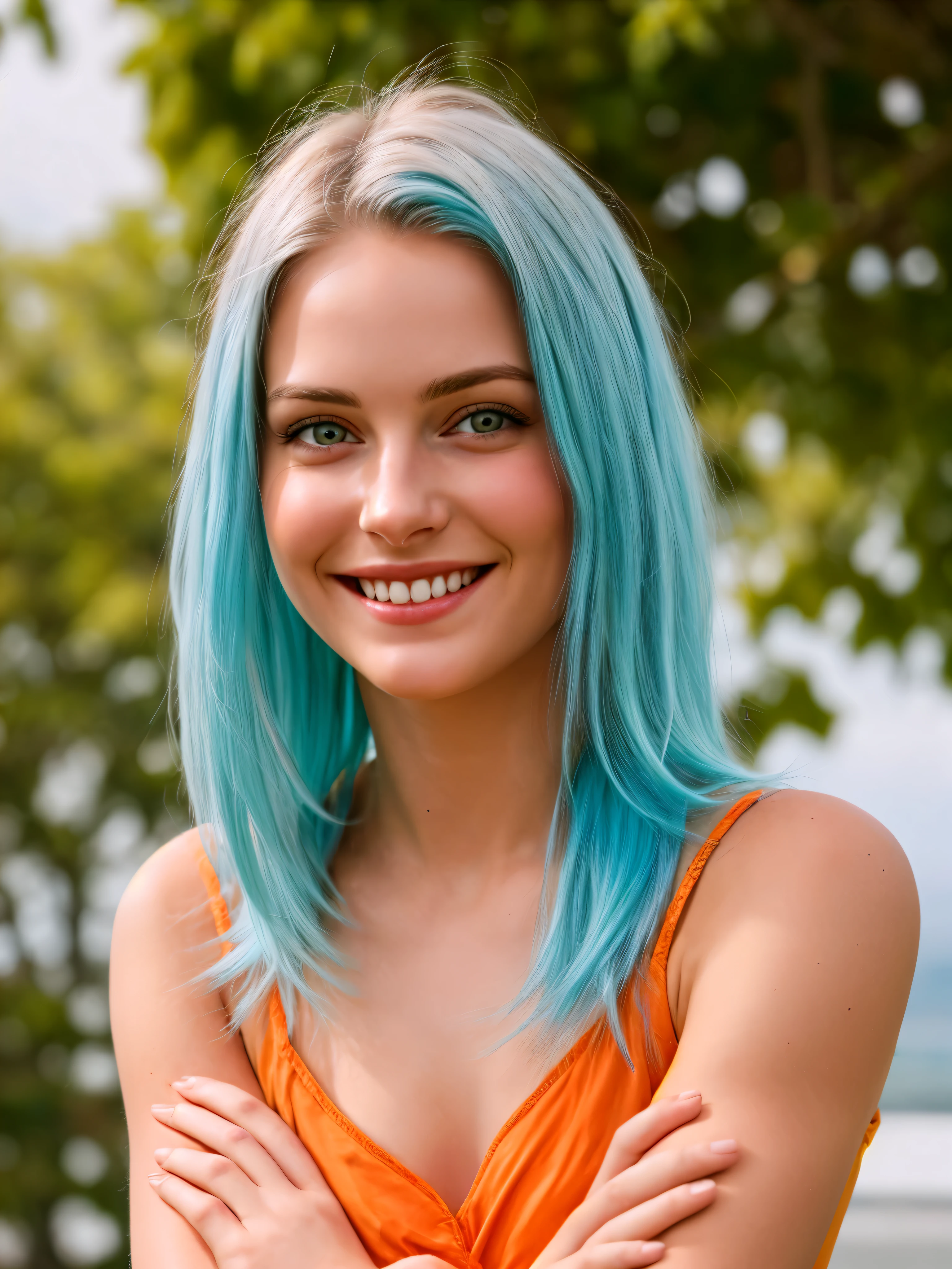 (Realistic:1.5), Very detailed photo of a stunningly beautiful young woman in tiny clothes.. Long rusty blue hair fluttering in the wind . Dazzling and glowing orange-red eyes, (freckles:0.3), Cute sexy, The mouth smiles widely with joy. leaned over to the camera, playfully crossing his arms behind his back.. Freedom-loving personality. Looking straight into the camera and winking