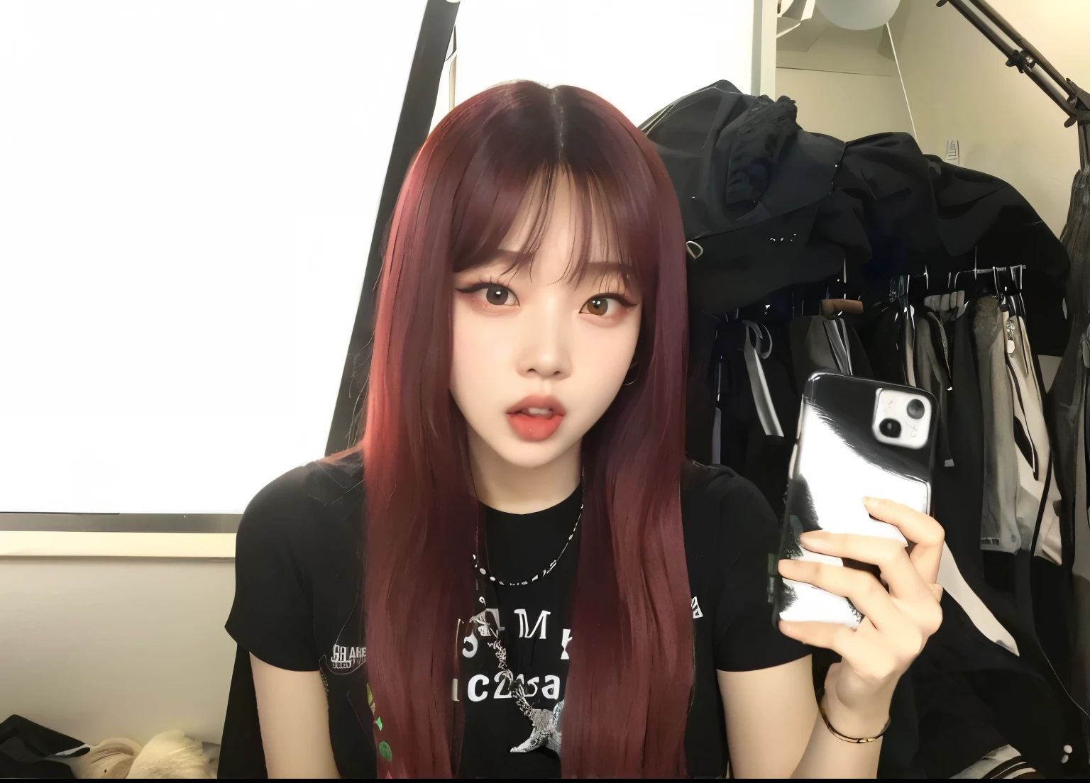 arafed woman with long red hair holding a cell phone, jossi of blackpink, lalisa manoban of blackpink, ulzzang, sun yunjoo, roseanne park of blackpink, portrait of jossi of blackpink, lalisa manobal, with bangs, with full bangs, cruel korean goth girl, joy red velvet