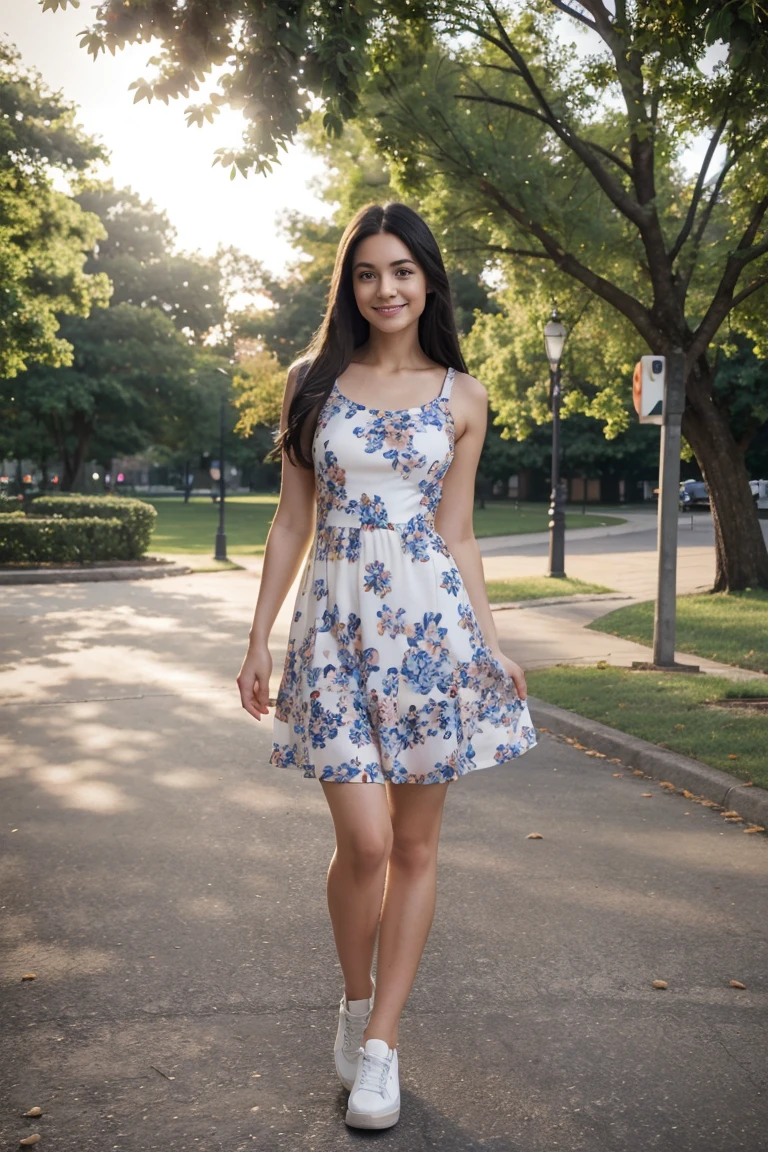 1girl, Solo, One woman of about 25 years old, black long hair, Hazel eyes, happy face,flower pattern dress without sleeves, white shoes, standing outside, park photography, mature woman, body measurement 36-25-35, RAW Photography, 8k, , Masterpiece, Full Body Shooting, Top Quality, Fine Pore, Realistic, Photorealistic, Ultra Detailed