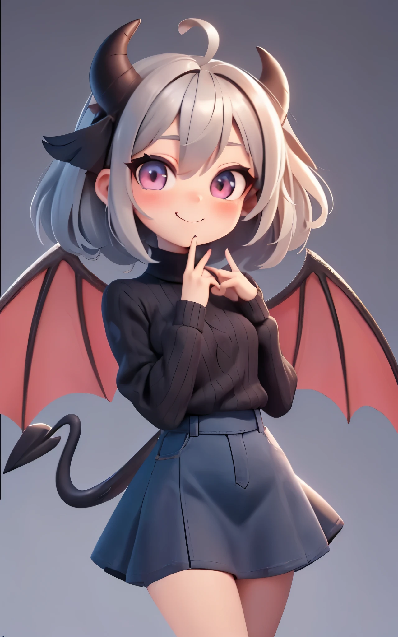 Pixar, 1girl in, (short silver hair:1.5), Eyes are red, Reaching out:1.5, blush, (Ahoge:1.2), eyes gentle, (A smile:1.2), Hair Bow, (Black devil wings and tail grow:1.3), Black sheep horns grow, (Black knitted sweater:1.3), (Denim Long Skirt:1.3), 独奏, Bangs, femele, Upper body