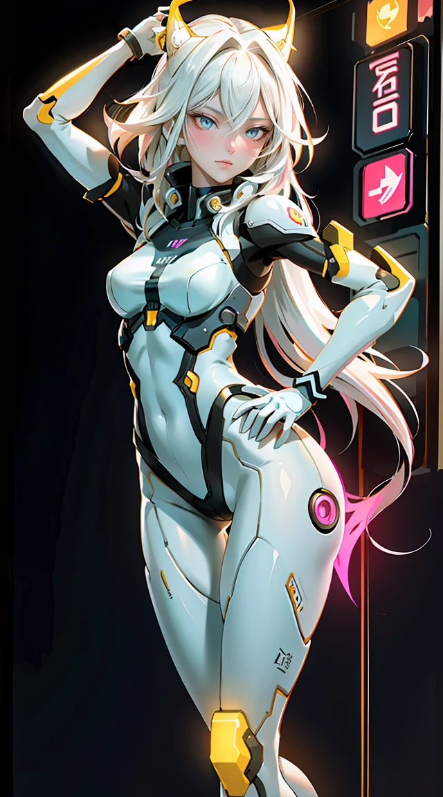 pretty, woman, sexy face, yellow eyes, white hair, slim body, sexy pose, pink tights, mecha, neon sign, led night city, seen from above, high quality, realistic, beautiful light, complete detail, black background