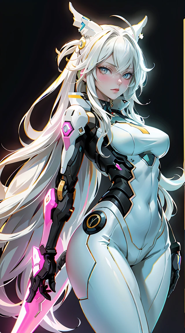 pretty, woman, sexy face, yellow eyes, white hair, slim body, sexy pose, pink tights, mecha, neon sign, led night city, seen from above, high quality, realistic, beautiful light, complete detail, black background