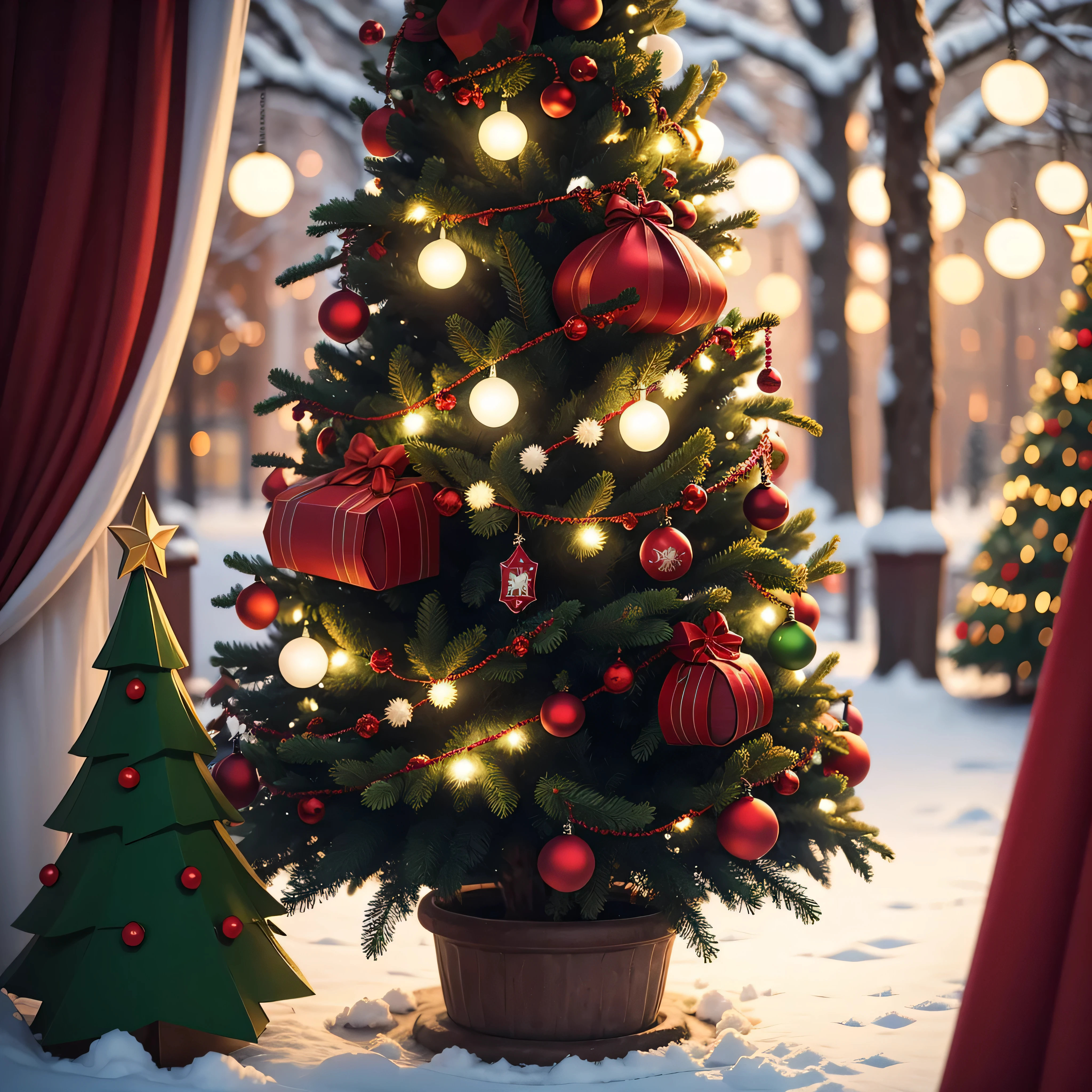 christmas tree with snowflakes with red and green gift packs and lights in landscape colourful