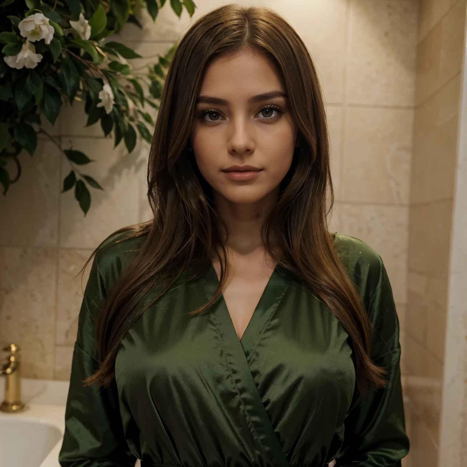 Femme. Balayage caramel. Bouclé long. Yeux vert. Robe luxe.