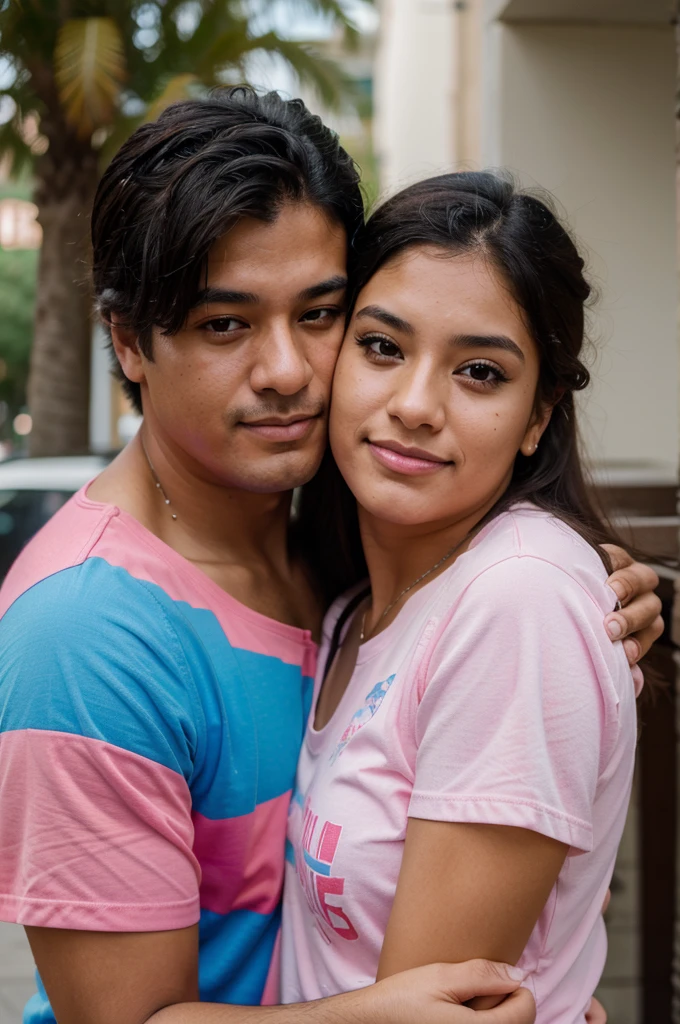 A Brazilian woman, 30years, Bblack hair, white, wearing a pop up print shirt with jeans, sitting in a flowery square with her husband, passionate personality