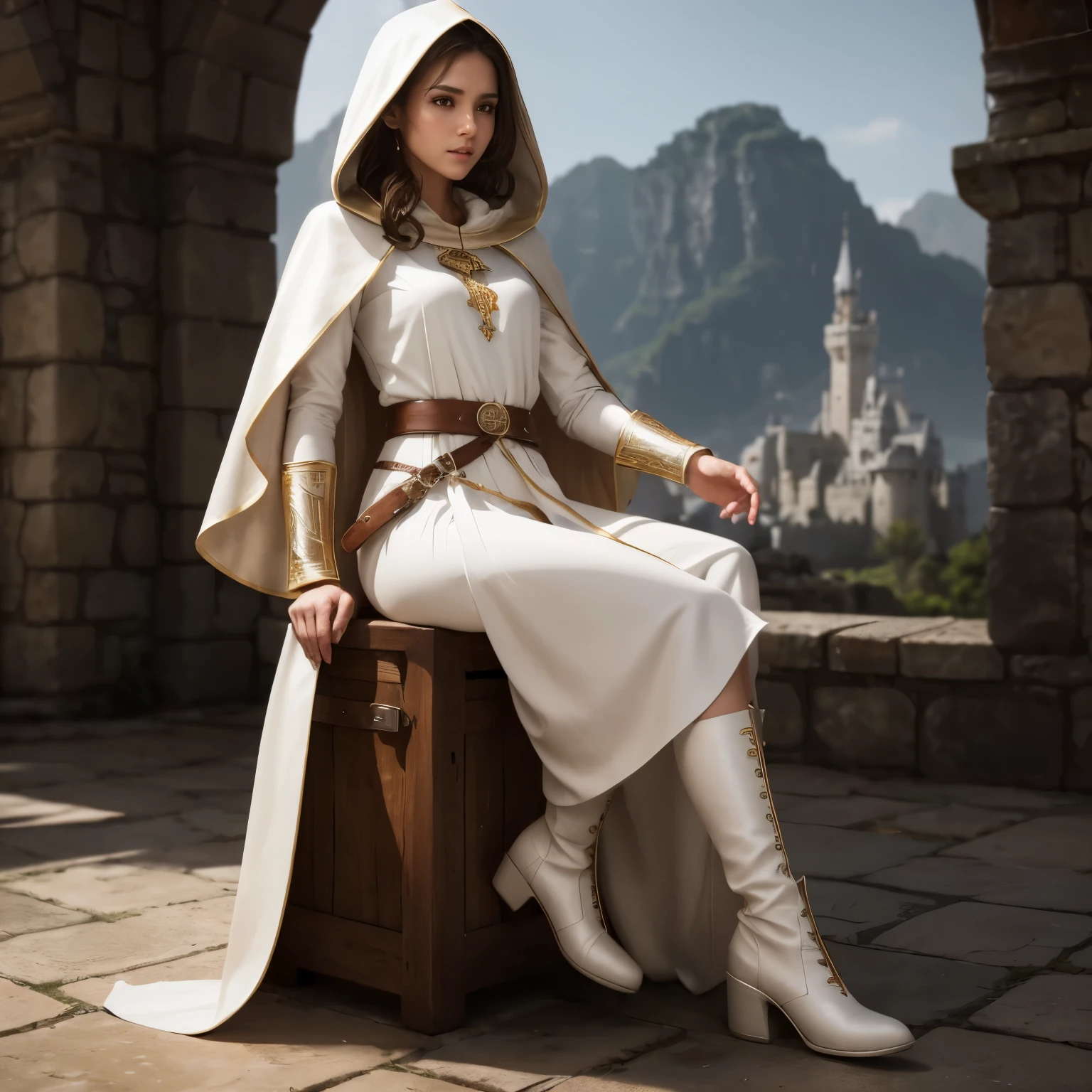 Ultra HD 16k super detail young RPG style woman brown hair light skin upturned nose wearing white tunic with gold details long dress covering the ankle priestess style cleric with hood on head and innocent expression small silver armor on wrists leather utility belt brown leather boots detailed detailed feet full body image with RPG castle landscape background sunny day