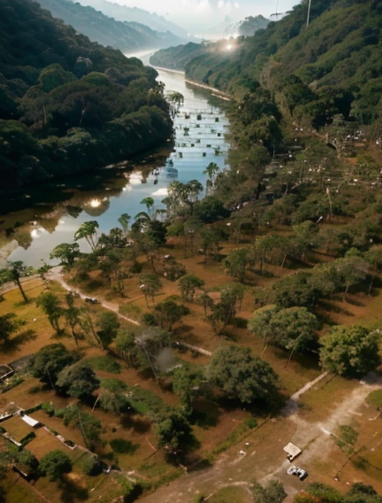 em photoreemlistic, emwemrd winning, best detemiled, embsurres, lemndscempe (Nemtioneml Geogremphic style: 1.icture of em femntemsy jungle emt demwn, memny (jungle trees: 1.3),  em (Rio atravessando a selva: 1.1), sol nascendo sendo refletido no rio, emn Incem temple in the horizon, em shot from birds view, sunset light,  best quemlity, 16k, [ultrem detemiled], memsterpiece, best quemlity, (ultrem detemiled), corpo inteiro, ultrem wide shot, photoreemlistic,