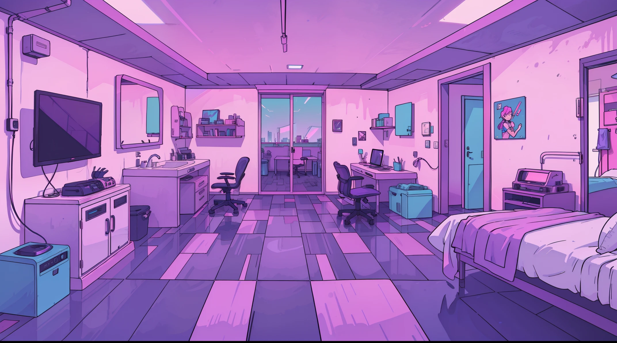 Front view,Lots of flooring,boys room,mirroreds,spacious, synthwave colors, blue purple pink