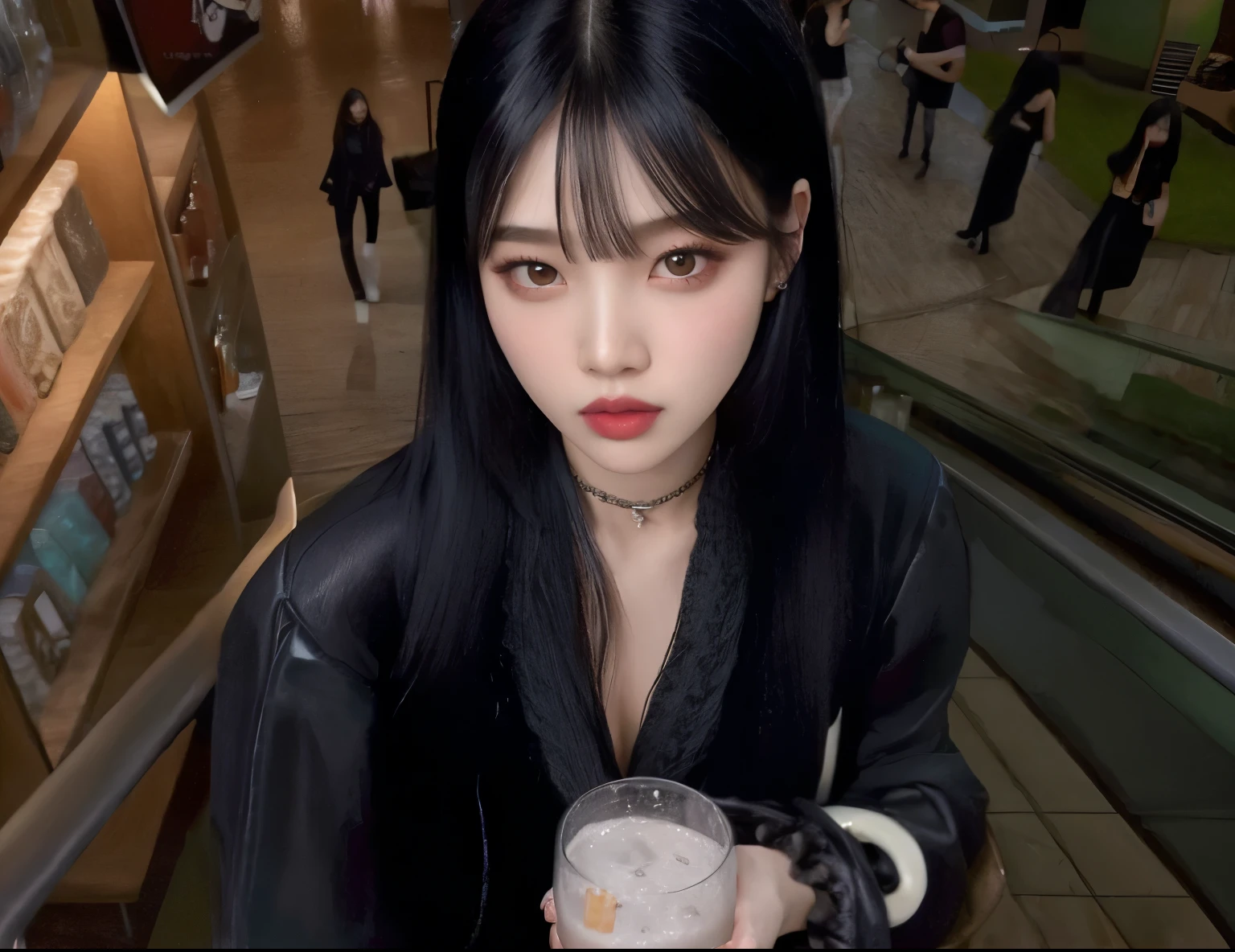there is a woman holding a glass of water in her hand, cruel korean goth girl, she has black hair with bangs, portrait of jossi of blackpink, ulzzang, with full bangs, jossi of blackpink, with round face, jinyoung shin, with bangs, long black hair with bangs, hair blackbangs hair, goth girl aesthetic, mall goth, korean girl, joy red velvet