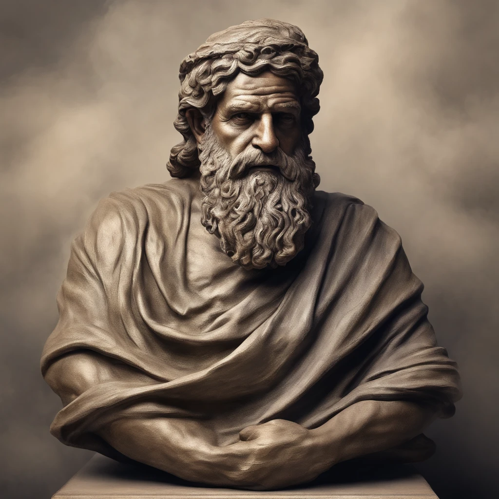 Statue grecque Musonuis Rufus de la philosophie avec barbe et muscles, cinematic, 8k, background dark, Realistic symmetrical face detailed, Extremely detailed natural texture, Fishing down, Cheveux courts, Masterpiece, Nonsense, award-winning photo by Lee Jeffries, Photographie Nikon Film Stock D850, Kodak Portra 400 F1 Camera.6 lentilles, Extremely detailed, Amazing, finedetail, couleurs riches, Hyper realistic texture, dramatic lighting, unrealengine, tendances sur artStation, cinestill 800 tungsten, Regarder le spectateur, photo realist, Photo brute , TanvirTamim, High quality, High resolution, mise au point nette, Extremely detailed, lighting cinematic, 8K UHD,