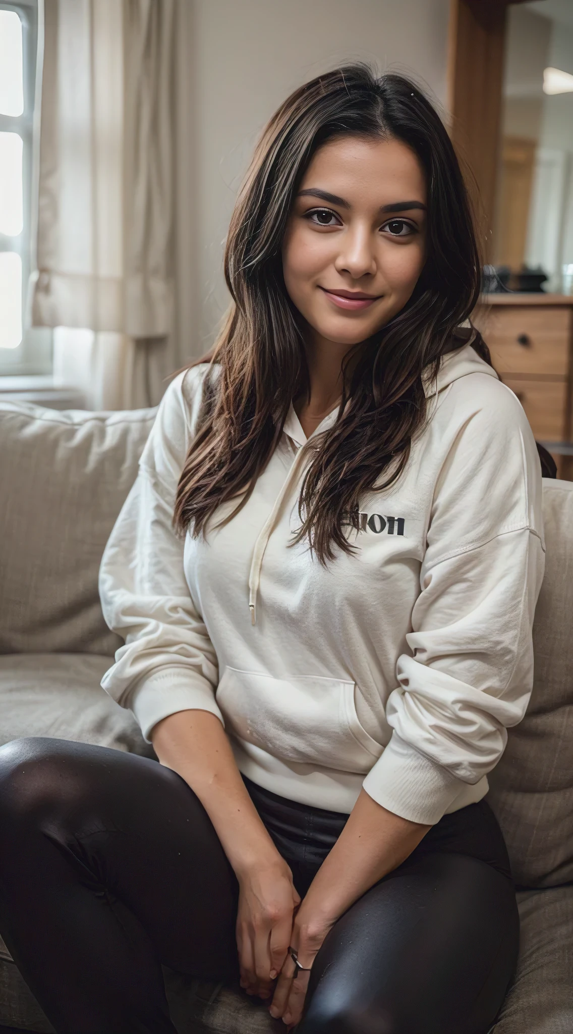 beautiful woman, smiling, long straight black hair, wearing a white hoodie without print and leggins, front view (sitting inside a cozy stylish living room), very detailed, 30 years, natural wave hair, dark brown eyes, high-res, masterpiece, best quality, intricate details, highly detailed, sharp focus, detailed skin, realistic skin texture, texture, detailed eyes,  professional, 4k, Canon shooting, 85mm, shallow depth of field, kodak color vision, perfect fit body, extremely detailed, photo_\(ultra\), photorealistic, realistic, post-processing, maximum detail, roughness, real life, ultra realistic, photorealism, photography, 8k uhd, photography (grain of film) medium shot for closeup shot atmospheric dark lighting