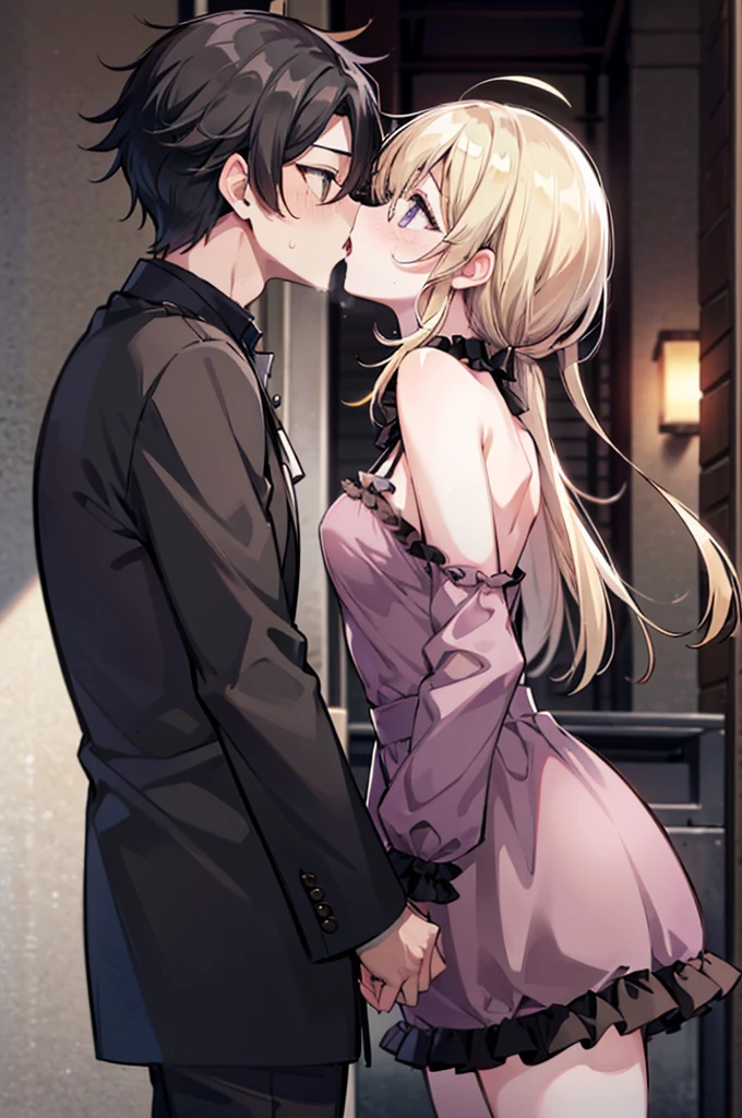 Perfect human body、1 boy,1 girl、A couple、heterosexuality、 NSFW, ((street)), (very highly detailed background), (((Stand next to the girl、Guy kisses girl))), wearing only his underwear,鎖骨,Oversized chest, Convex milk,((woman with fever)), ((perspiring,steamy,Upper grades))), 、mini-skirts、((The expression of coloce flushed), 大男子气概的男人Stand next to the girl、looking at viewert,Shame PLAY,