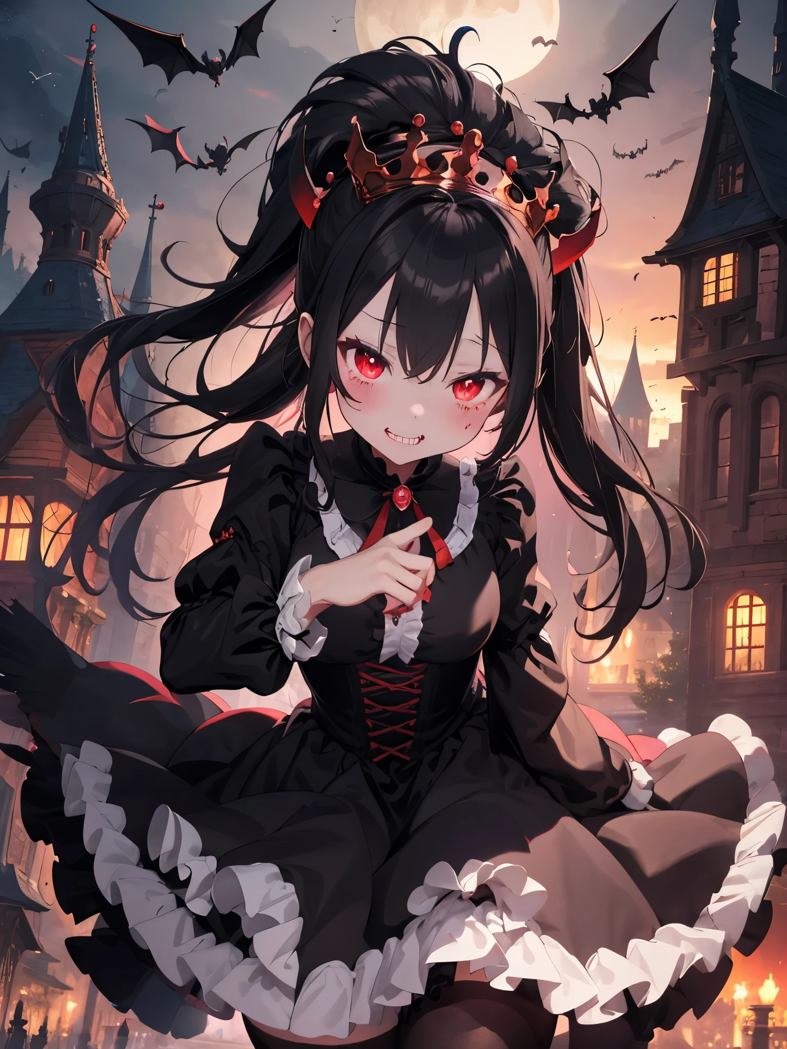 1girl in,Fantasy Demon King Black Tiara Black and Red Long Layered Ruffled Dress Long Sleeves,kawaii,:3,Dracula'castle in background、nighttime scene、Flying bats、Inappropriate smile、Finger prick、Mummy Man、(((Throwing kisses)))