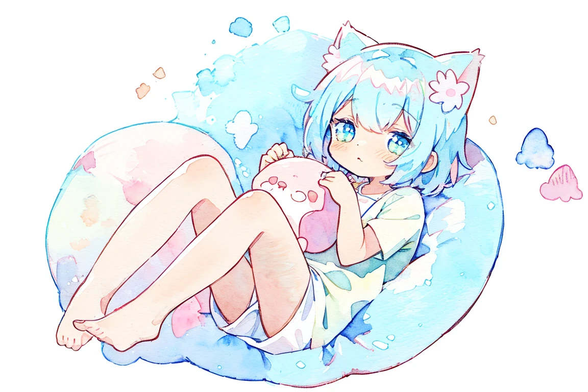 cat, fullbody,1 girl, (pastel color:1.5),(cute illustration:1.5),(watercolor:1.2),white back ground,