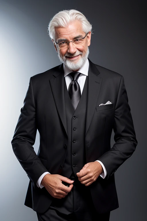 Create a teacher wearing a black suit, looking like an old man, with white hair, cultured, smiling, in a room with a black background.