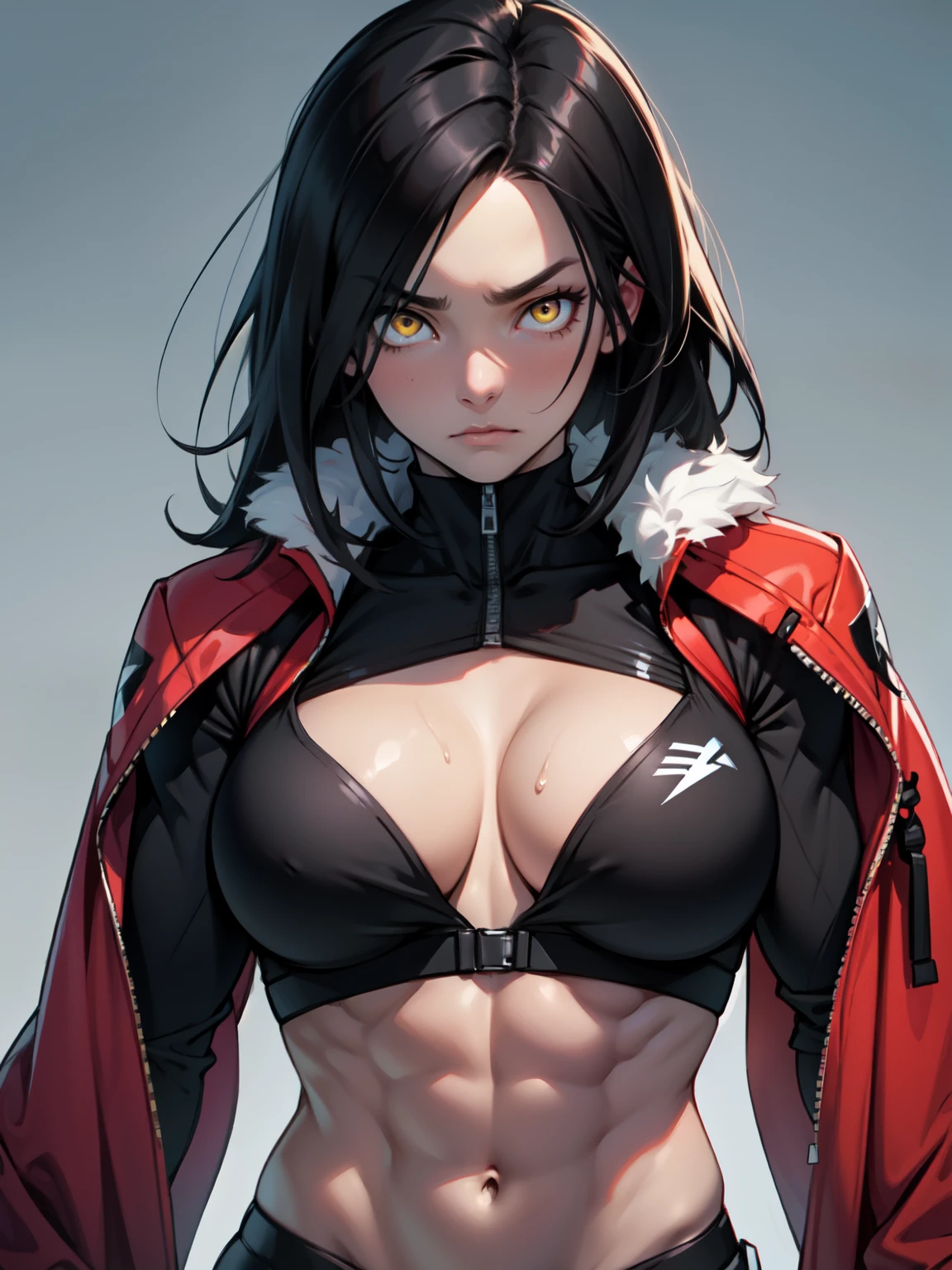 girl perfect anatomy toned body muscular girl black hair yellow eyes pale girl massive breasts best quality detailed eyes highly detailed, long abs best quality best quality best quality sad