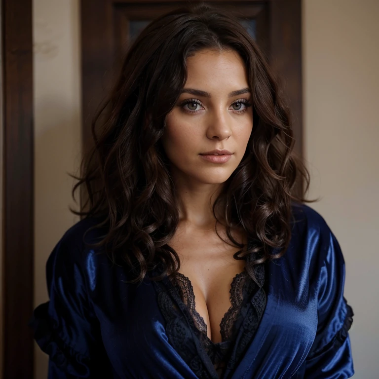 Femme. dark brown. Cheveux curly. Yeux bleu. Robe luxueuse.