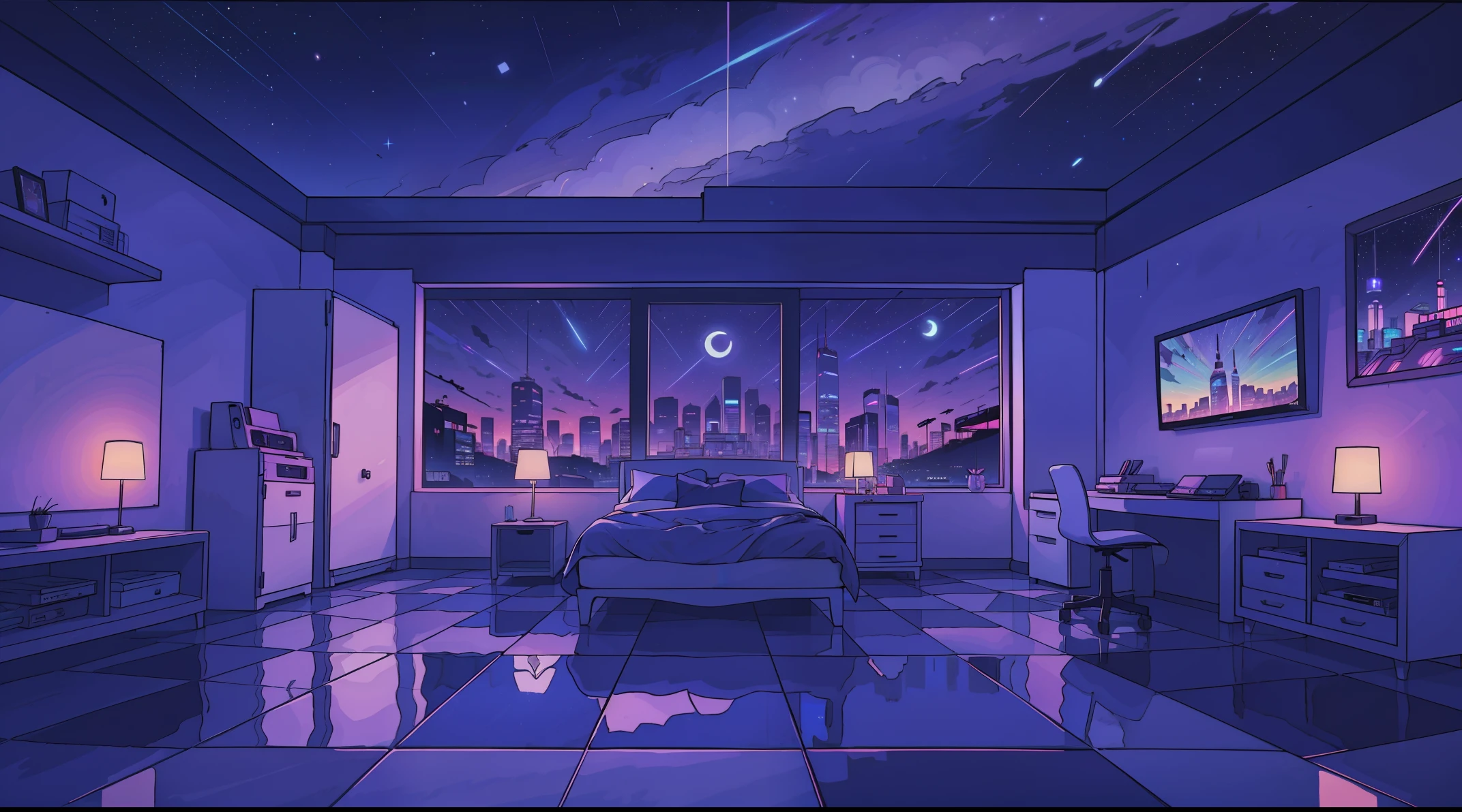 Front view,Lots of flooring,boys room,mirroreds,spacious, synthwave colors, blue purple, night, panoramic view, starry sky