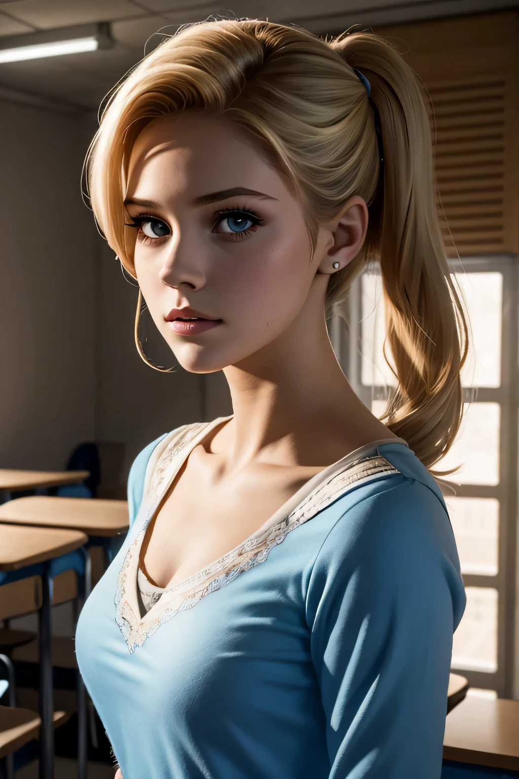 Betty Cooper l'heroine de la série Riverdale. Photo taken in a high school classroom. Veronica is dressed classy. Cadrage du visage et du buste en entier. Melancholy, air triste, malheureuse, short hair