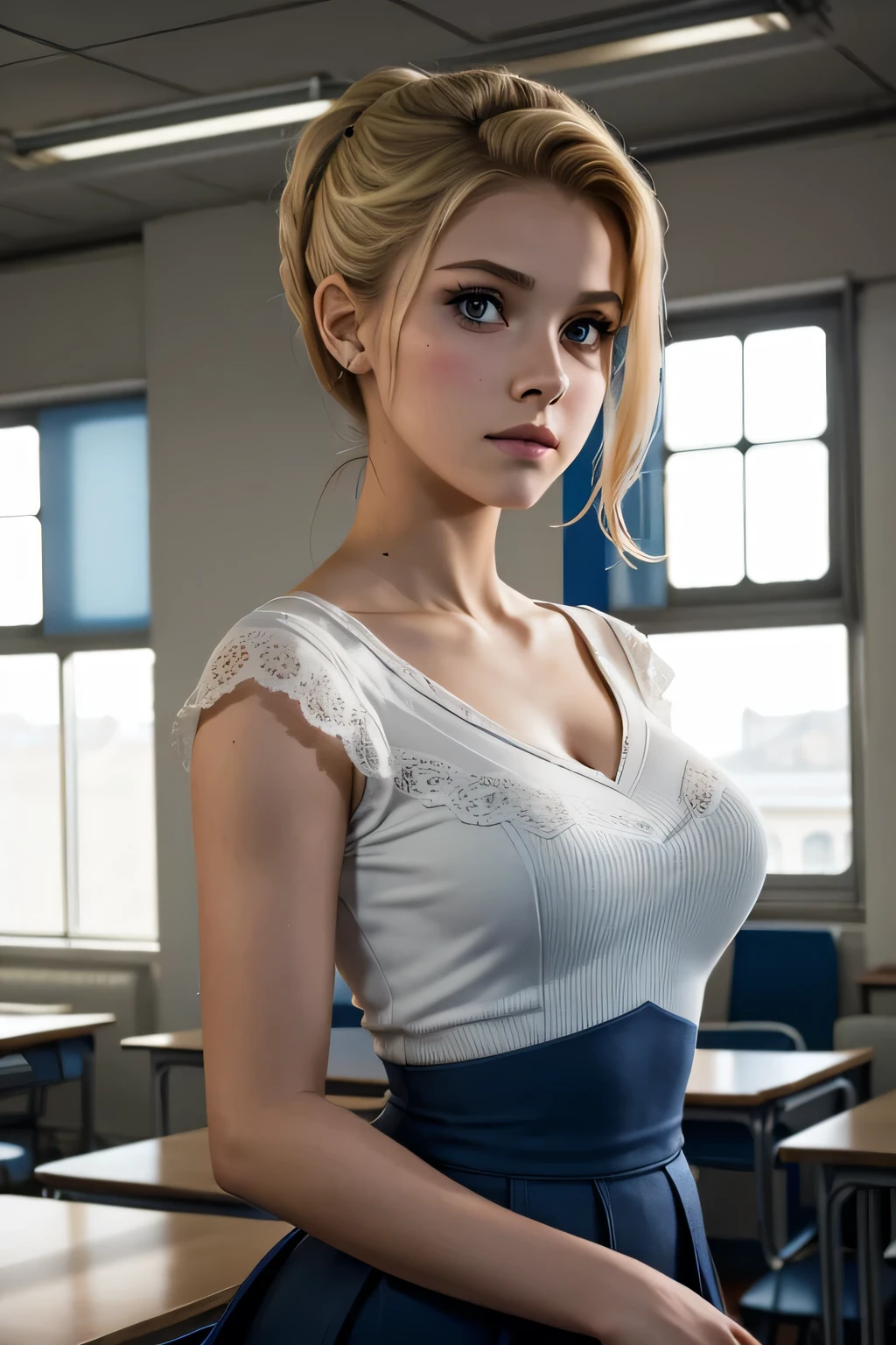 Betty Cooper est l&#39;héroïne de la série Riverdale. Photo prise dans une classe de lycée. Veronica est habillée en classe. Cadrage du visage et du buste en entier. Mélancolique, air triste, malheureuse.