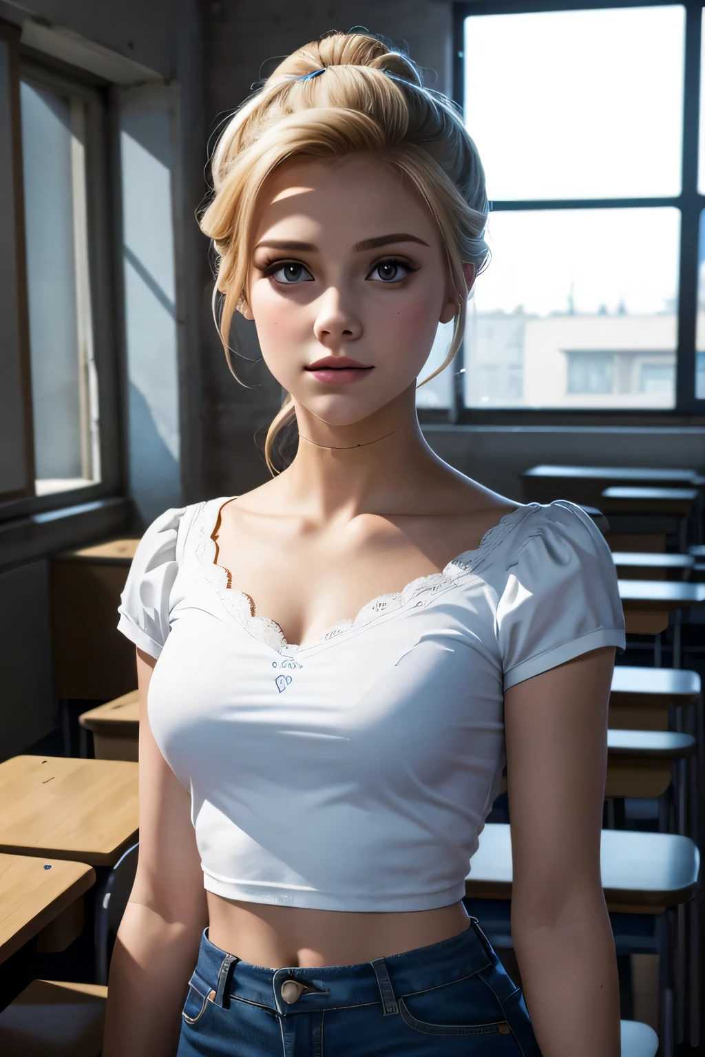 Betty Cooper est l'héroïne de la série Riverdale. Photo prise par les élèves du lycée. Betty est habillée en classe. Cadrage du visage et du buste en entier. souriante, heureuse.