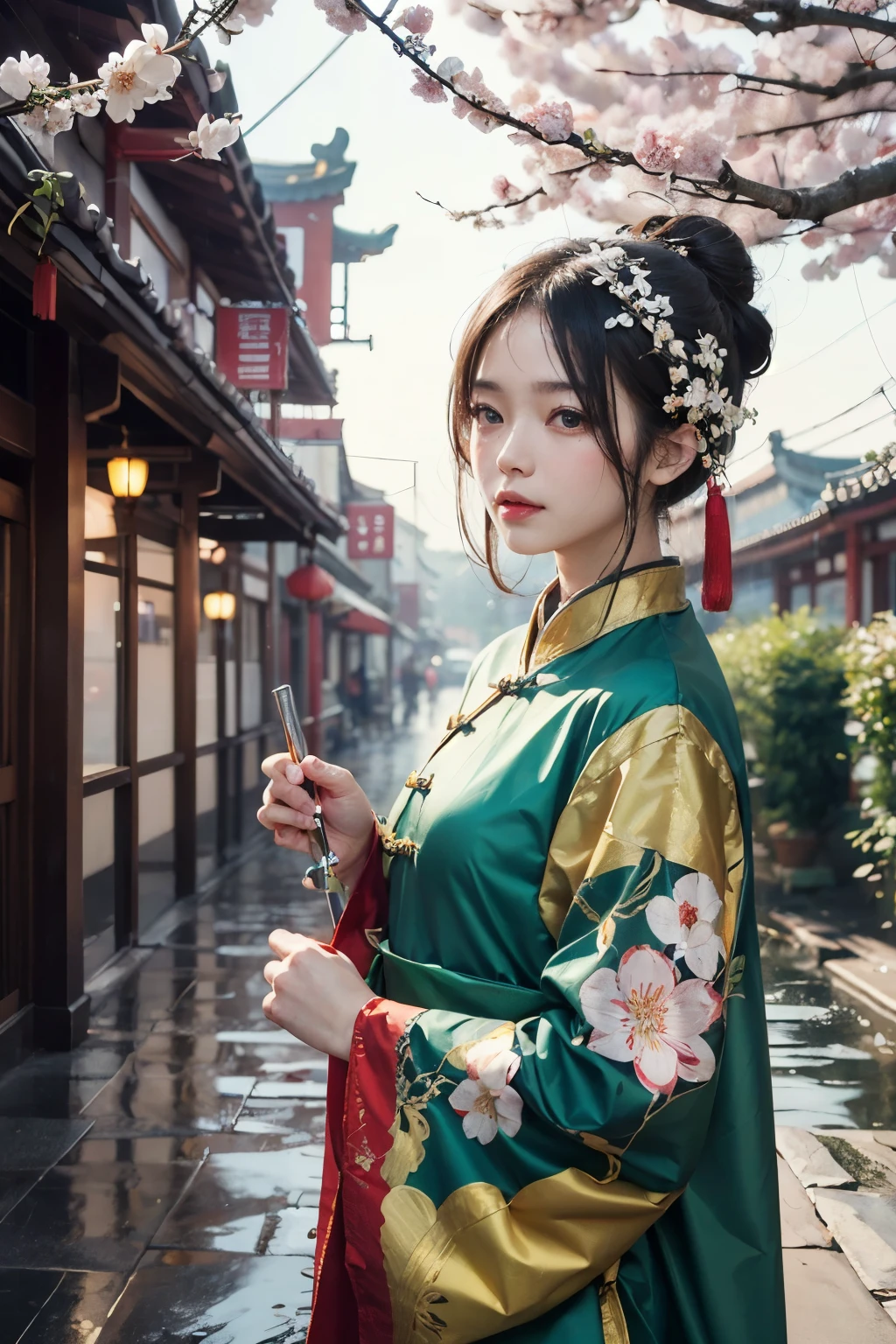 ((best quality)), ((masterpiece)), (detailed), chinese town, tree blossoms, people, heavy rain, bokeh