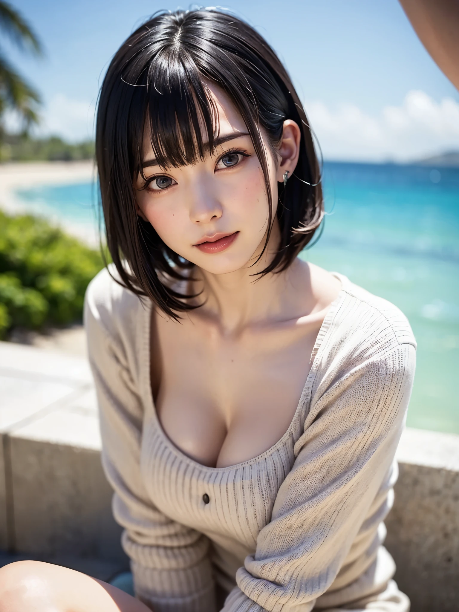 女の子1人、top-quality、realisitic、独奏、depth of fields、natural soft light、during daytime、魅惑的、beauitful face、Cleanliness、Pure face、de pele branca、kawaii、short-hair、bangss、the beach、rays of sunshine、Nedium Breast Body Esbian、((Beautiful face with sweater golden ratio Beautiful face with symmetry))、long neck、Put your ears out、bangssのあるきれいな短いボブヘア、Smile with your mouth closed、perfect hand指、perfect hand、Perfect body、face perfect、Shine a light into the eyes、Perfect ???????:1.4、とてもkawaiiスーパーモデル:1.4
