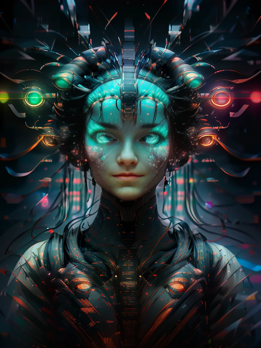 [award winning photo portrait of a cute smile girl standing outside a cyberpunk neon city street:award winning photo of a cyborg, bundle of glowing fiber optic cables:0.2], epic realistic, art, (hdr:1.2), (muted colors:1.2), pastel, hyperdetailed, (artstation:1.5), warm lights, dramatic light, (intricate details:1.2), vignette, complex background