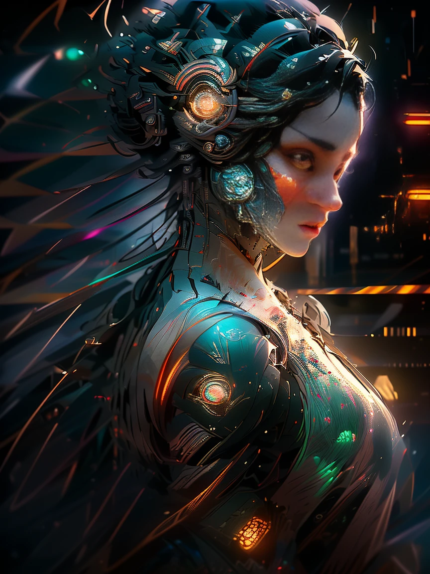 [award winning photo portrait of a cute smile girl standing outside a cyberpunk neon city street:award winning photo of a cyborg, bundle of glowing fiber optic cables:0.2], epic realistic, art, (hdr:1.2), (muted colors:1.2), pastel, hyperdetailed, (artstation:1.5), warm lights, dramatic light, (intricate details:1.2), vignette, complex background