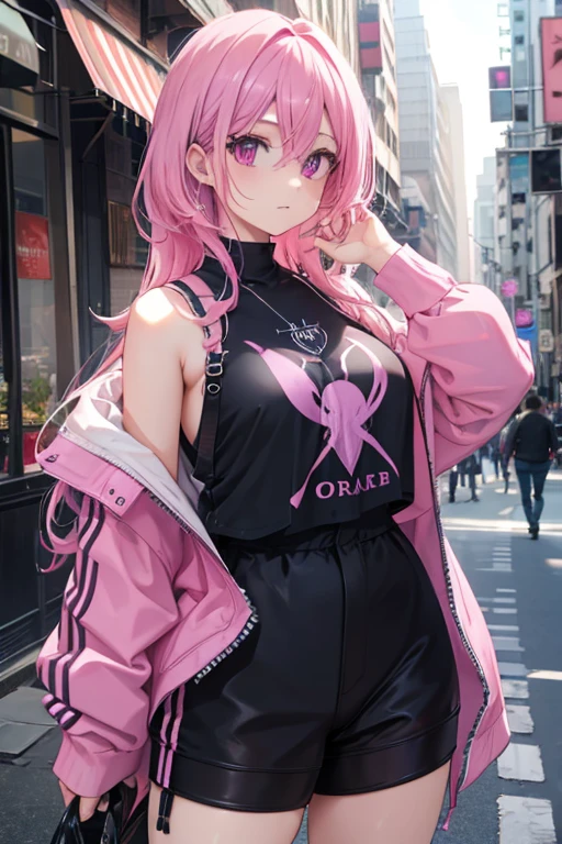 Caucasian skin... Cute face with black eyes and eyeliner, pink cachecol pink outfit cute and jeans pants with pink and blue hair gradient pink with a katana on the waist, Roblox