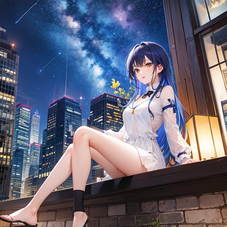 octans, sky, star (sky), scenery, starry sky, night, 1girl, night sky, solo, outdoors, building, cloud, milky way, sitting, tree, long hair, city, silhouette, cityscape