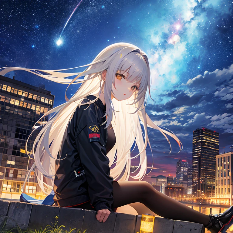octans, sky, star (sky), scenery, starry sky, night, 1girl, night sky, solo, outdoors, building, cloud, milky way, sitting, tree, long hair, city, silhouette, cityscape
