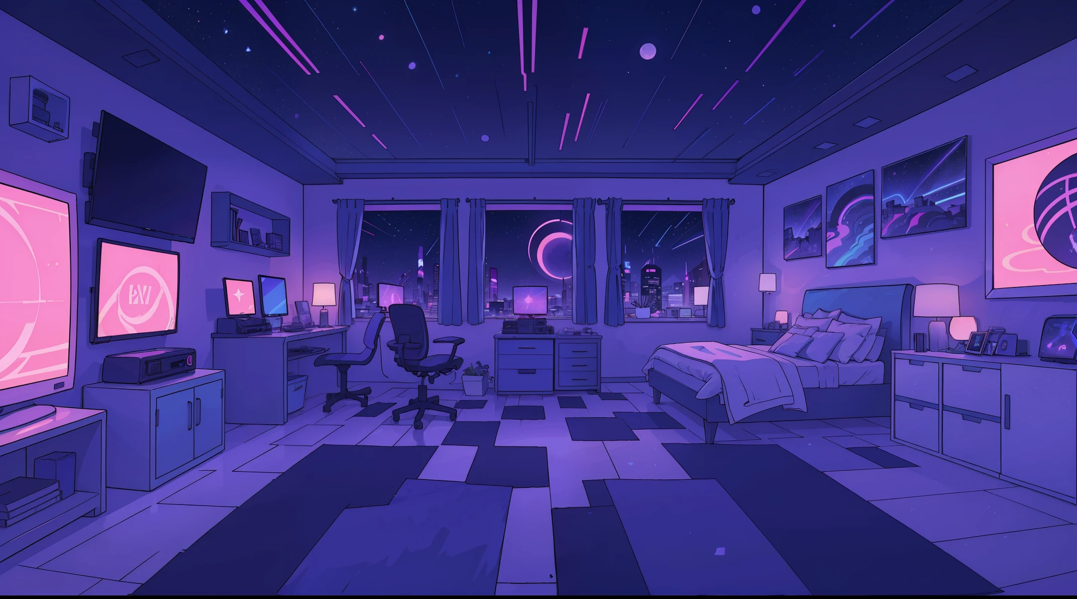 Front view,Lots of flooring,boys room,mirroreds,spacious, synthwave colors, blue purple, night, panoramic view, starry sky