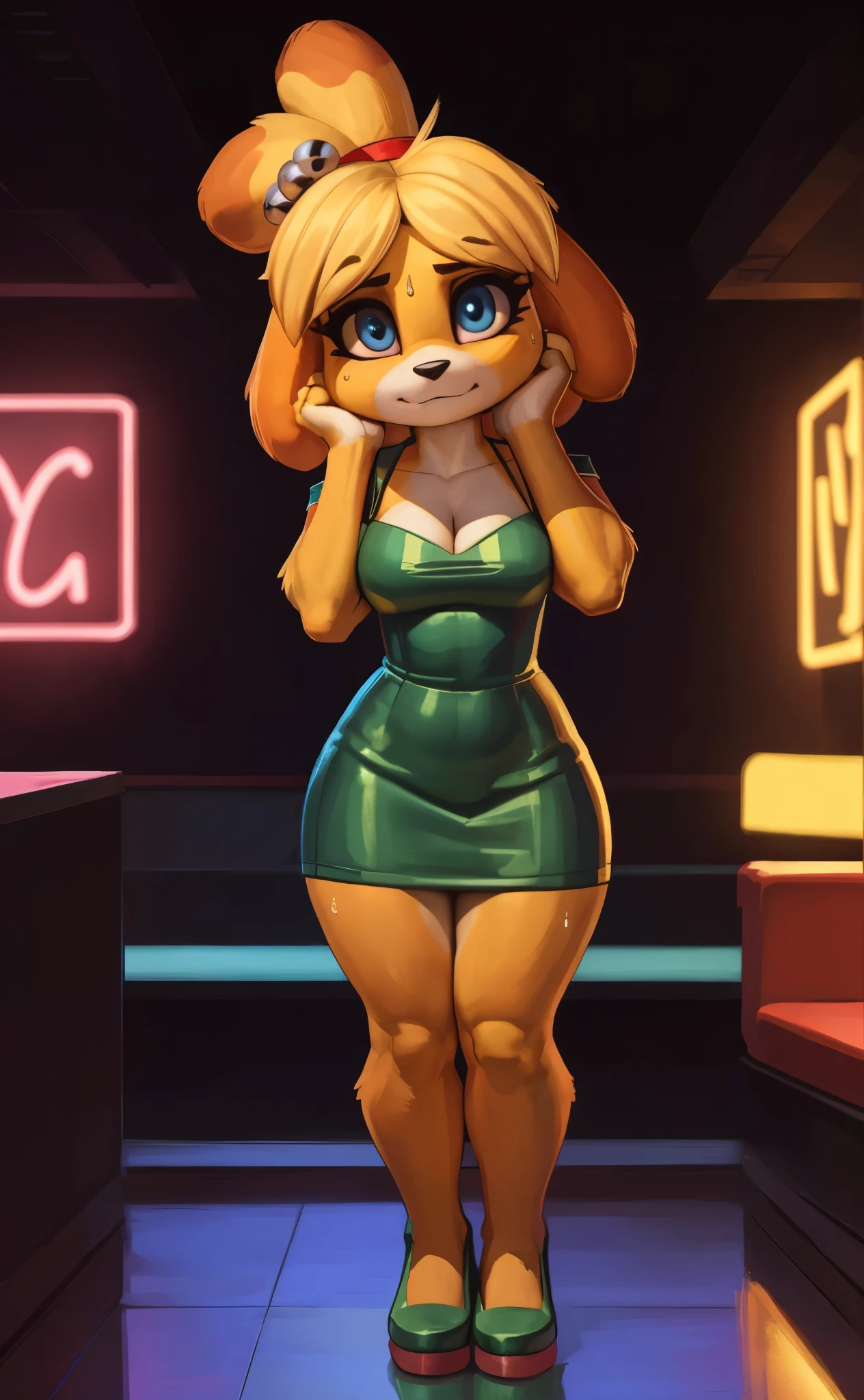 [isaCrossing], [Isabelle], [Animal Crossing], [Uploaded to e621.net; (Pixelsketcher), (wamudraws)], ((masterpiece)), ((HD)), ((highres)), ((solo portrait)), ((front view)), ((feet visible)), ((furry; anthro)), ((detailed fur)), ((detailed shading)), ((beautiful render art)), {anthro; (slim figure), yellow fur, black nose, (cute blue eyes), small brown eyebrows, blonde hair, (bells in hair), topknot, fluffy tail, (curvy hips), (sweat on forehead), (beautiful legs), (beautiful feet), (cute nervous smirk)}, {(red ribbon in hair), (green satin off-shoulder dress), (cleavage), (green heels)}, {(standing), (nervous stance), (pigeon-toed), (looking at viewer)}, [background; (club), (party), (neon lights), (ambient lighting)]