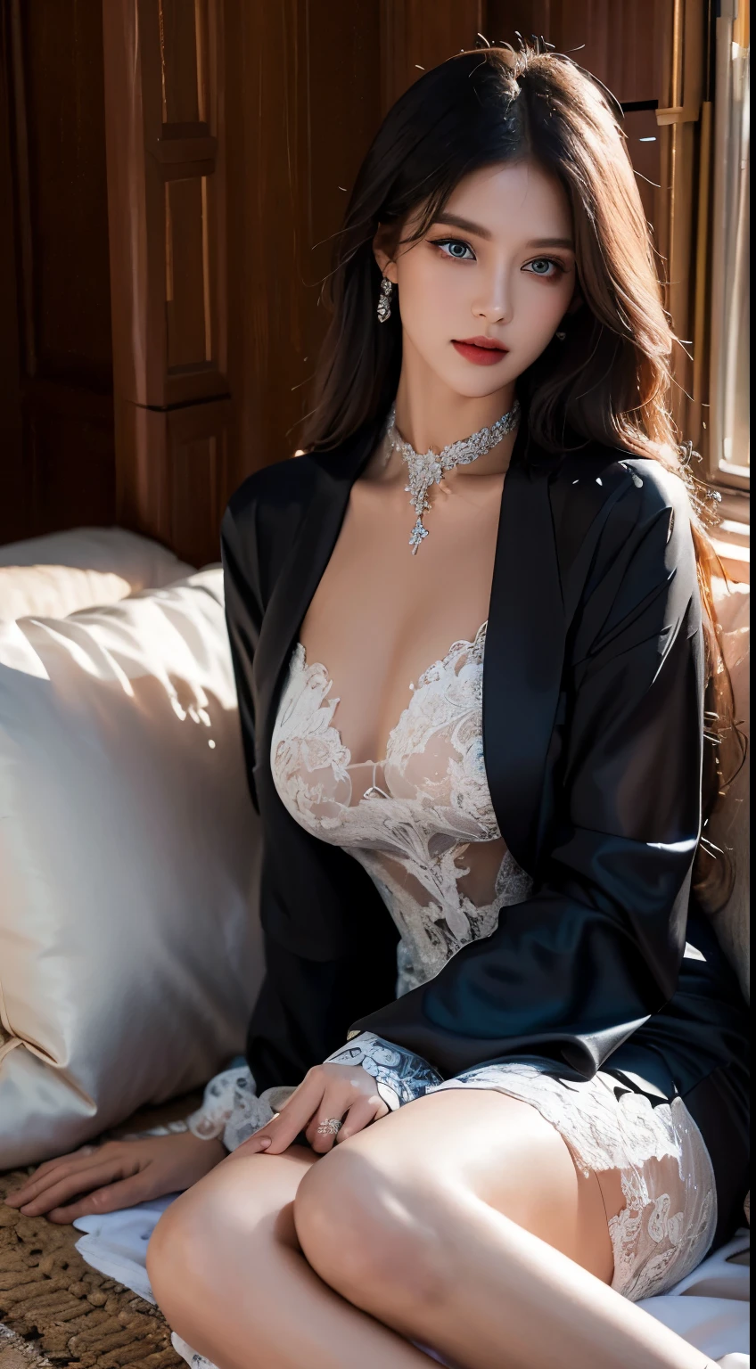 realistically, A high resolution, gentlesoftlighting, 1 woman, Alone, butt lift,Look at the audience， (eBlue eyes, Long black hair), wedding gown, bridal gown, ([Luxury tuxedo: :12][:wedding gown:7]:1.4), ( the face:1.3), Indoors, through bangs,choker necklace, , (cathedrals, Weddings:1.2), Heavy lace，8k，​masterpiece，Master works，