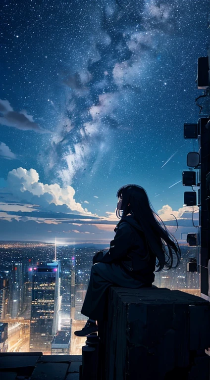 octans, sky, star (sky), scenery, starry sky, night, 1girl, night sky, solo, outdoors, building, cloud, milky way, sitting, tree, long hair, city, silhouette, cityscape