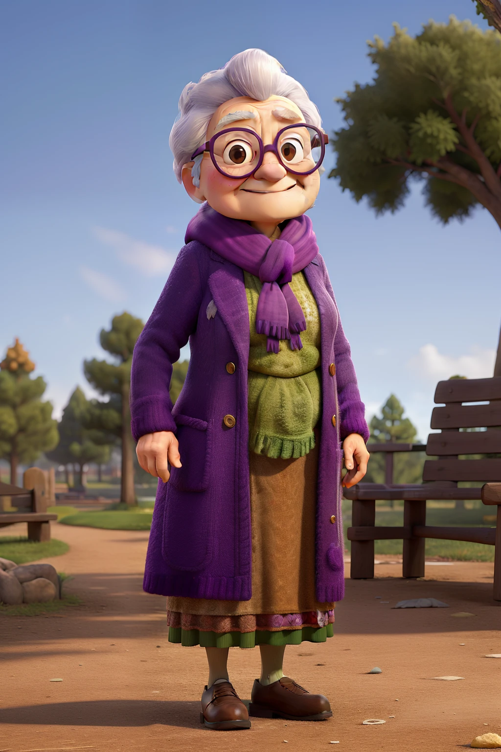 masterpiece, best quality, an old woman with glasses and a scarf on, wearing a purple coat and green scarf, standing at the park