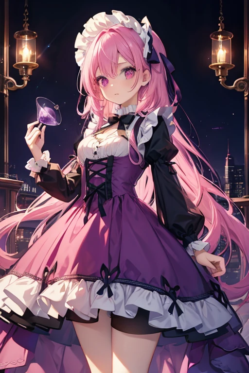 A pink haired woman with violet eyes with an hourglass is wearing a ta dress at a dress shop