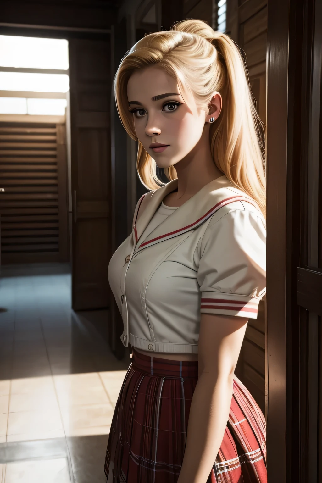 Betty Cooper est l'héroïne de la série Riverdale. Photo prise par les élèves du lycée. Betty est habillée en classe. Cadrage du visage et du buste en entier. Mélancolique, air triste, malheureuse.