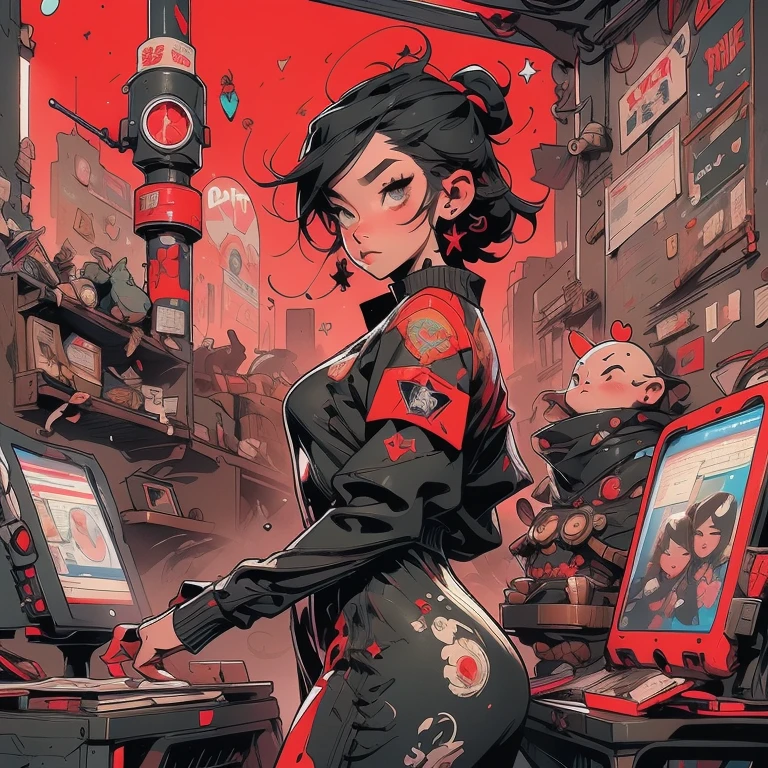 01_Full-length, color portrait of a young girl, very sexy, modern style, comic book, cyberpunk, future, color fill, rich colors. Very graceful, stands half-turned, in a sporty pose, looking at the viewer. Tattoos on the body, fashionable short dresses, and devices on the body. 2_In the background there is a server, wires, screens, light bulbs, lights, backlights, and robots. 3_High image quality, 4K | Ultra HD | Full HD, cinematic comic book, 3D visualization_in comic book style - linear stroke, color fill, high-quality stroke - a masterpiece, TOP computer graphics ART. 8K, , dark lighting, heavy shading. (vivid, anime, comic, creative, sharp focus, 8K). High detail of the drawing, lines, high-quality background (shades of cold tones, red, warm highlights, side lighting), cyberpunk, and futurism. Film grains, dust, and particles in the air.