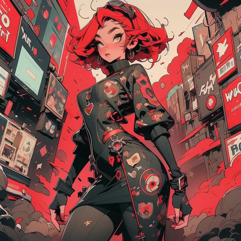 01_Full-length, color portrait of a young girl, very sexy, modern style, comic book, cyberpunk, future, color fill, rich colors. Very graceful, stands half-turned, in a sporty pose, looking at the viewer. Tattoos on the body, fashionable short dresses, and devices on the body. 2_In the background there is a server, wires, screens, light bulbs, lights, backlights, and robots. 3_High image quality, 4K | Ultra HD | Full HD, cinematic comic book, 3D visualization_in comic book style - linear stroke, color fill, high-quality stroke - a masterpiece, TOP computer graphics ART. 8K, , dark lighting, heavy shading. (vivid, anime, comic, creative, sharp focus, 8K). High detail of the drawing, lines, high-quality background (shades of cold tones, red, warm highlights, side lighting), cyberpunk, and futurism. Film grains, dust, and particles in the air.