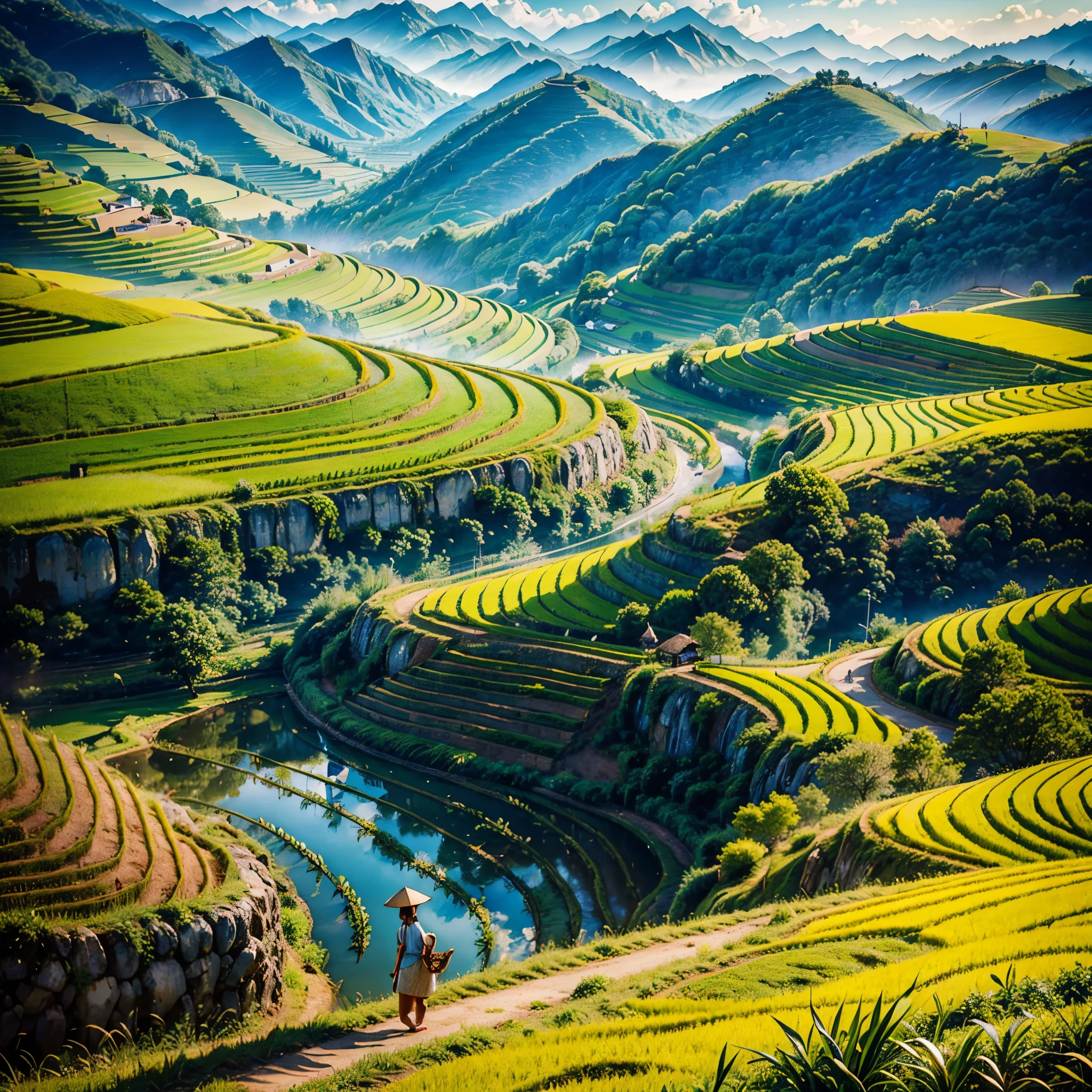 Sunshine Stunning, vibrant vivid colors-coded,deep path equirectangular farm life,ultra masterpiece meticulously intricate ultra_high-details ultra_high-def ultra_high-res ultra_high-quality optimal ultra_sharpness ultra_photo-realistic focus perfection accurate UHD XT3 DSLR HDR Octane_render Unrealengine5 volumetric SunLight scenic Southeast Asia stairs field,farmer working diligently,traditional Vietnamese farmer attire,natural sunlight illuminating the scene,colorful chickens happily pecking the ground,authentic Vietnamese rural setting,lush green rice terraces stretching into the distance,serene and picturesque landscape,peaceful and harmonious atmosphere,farmer's hardworking spirit,traditional farming techniques passed down through generations,cultural richness and heritage of Vietnam,meticulously detailed steps of the stairs field,subtle texture of the terraced fields,layered composition of the agricultural landscape,charming and idyllic countryside scene,immersive view of the rustic scenery,rich cultural context of Southeast Asia,Vietnamese craftsmanship and agricultural traditions shining through,authentic portrayal of the farmer's daily life,diligent caretaker of the land,stunning visual storytelling,emotionally captivating artwork,mesmerizing perspective capturing the essence of the moment,awe-inspiring depiction of the Southeast Asian farming community,inspiring and thought-provoking artwork,immersive and evocative piece of Southeast Asian art,exquisite attention to detail,showcasing the natural beauty and simplicity of rural life,meticulous craftsmanship and precision in each brushstroke,compelling narrative that sparks curiosity and imagination,stunning play of light and shadow across the scenery,evoking a sense of tranquility and serenity,embodying the timeless beauty of Southeast Asia's agricultural landscapes,inviting viewers to experience the charm and authenticity of Vietnam's countryside varies ❤ multi etc. --s 1000 --c 20 --q 20 --chaos 100