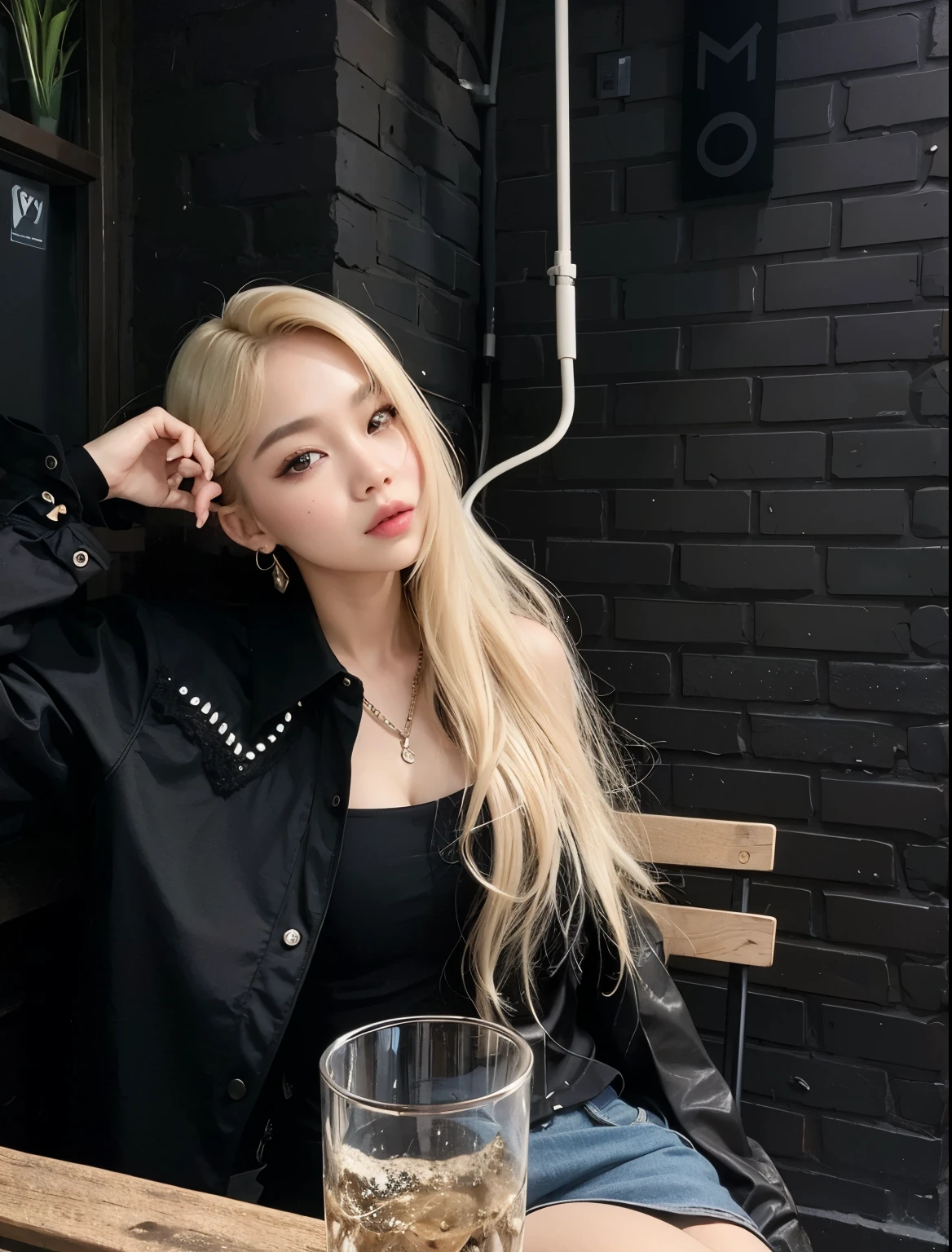 blonde woman sitting at a table with a glass of water, Parque Roseanne do Blackpink, portrait of jossi do blackpink, com longos cabelos brancos, com cabelos longos brancos, jossi do blackpink, Lalisa Manobal, Jinyoung Canela, uma menina com cabelo loiro, Jaeyeon Nam, Lalisa Manoban do Blackpink, menina com cabelo branco, Cl