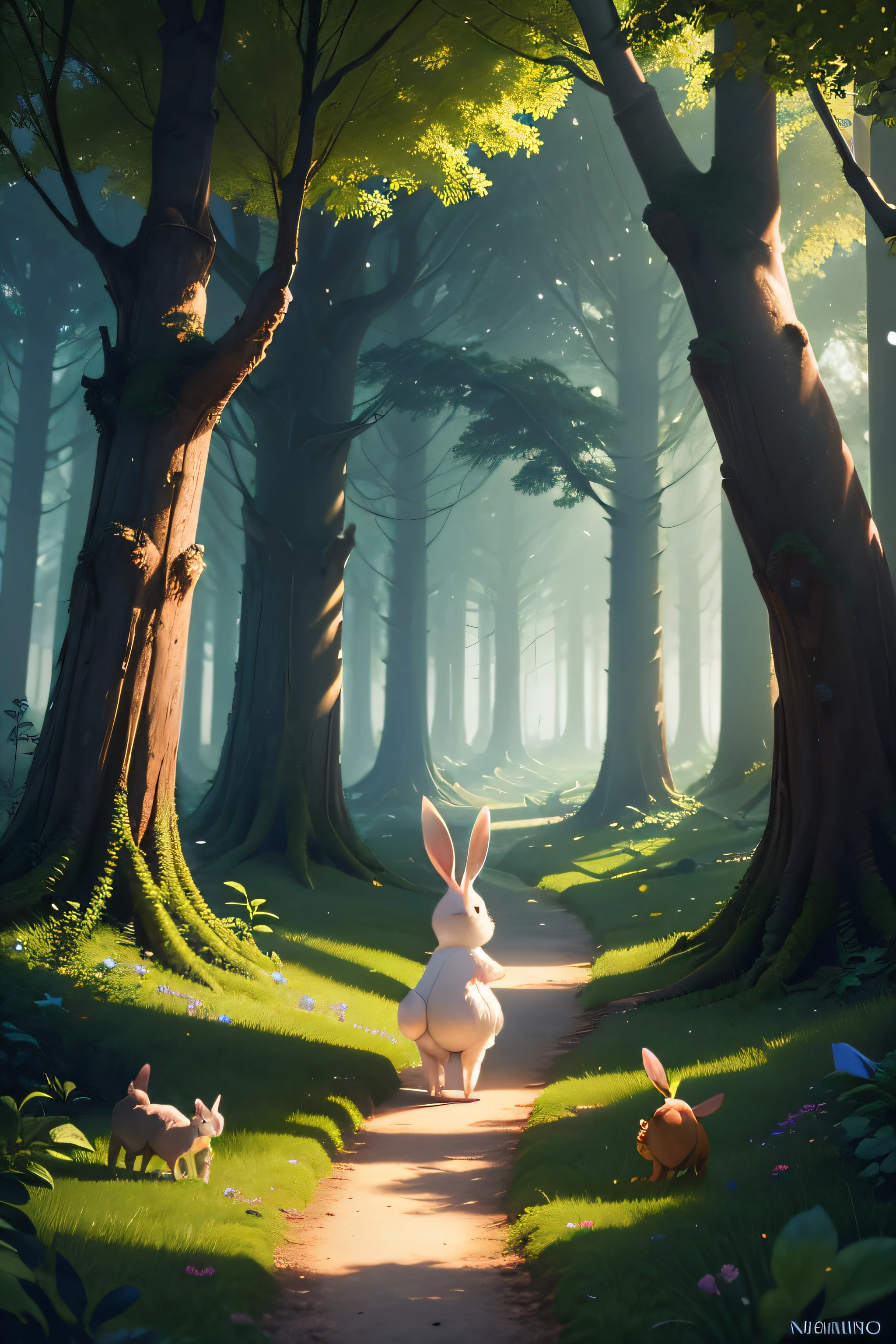 Create cartoon rabbit images for this story There was an enchanted forest where animals of all species lived harmoniously. In the heart of this forest, nasceu um coelho filhote chamado Tico. Ele era curioso por natureza e sempre buscava aventuras emocionantes.