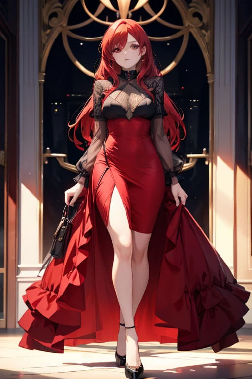 A red haired woman with red  eyes with an hourglass is wearing a designer dress down the runway