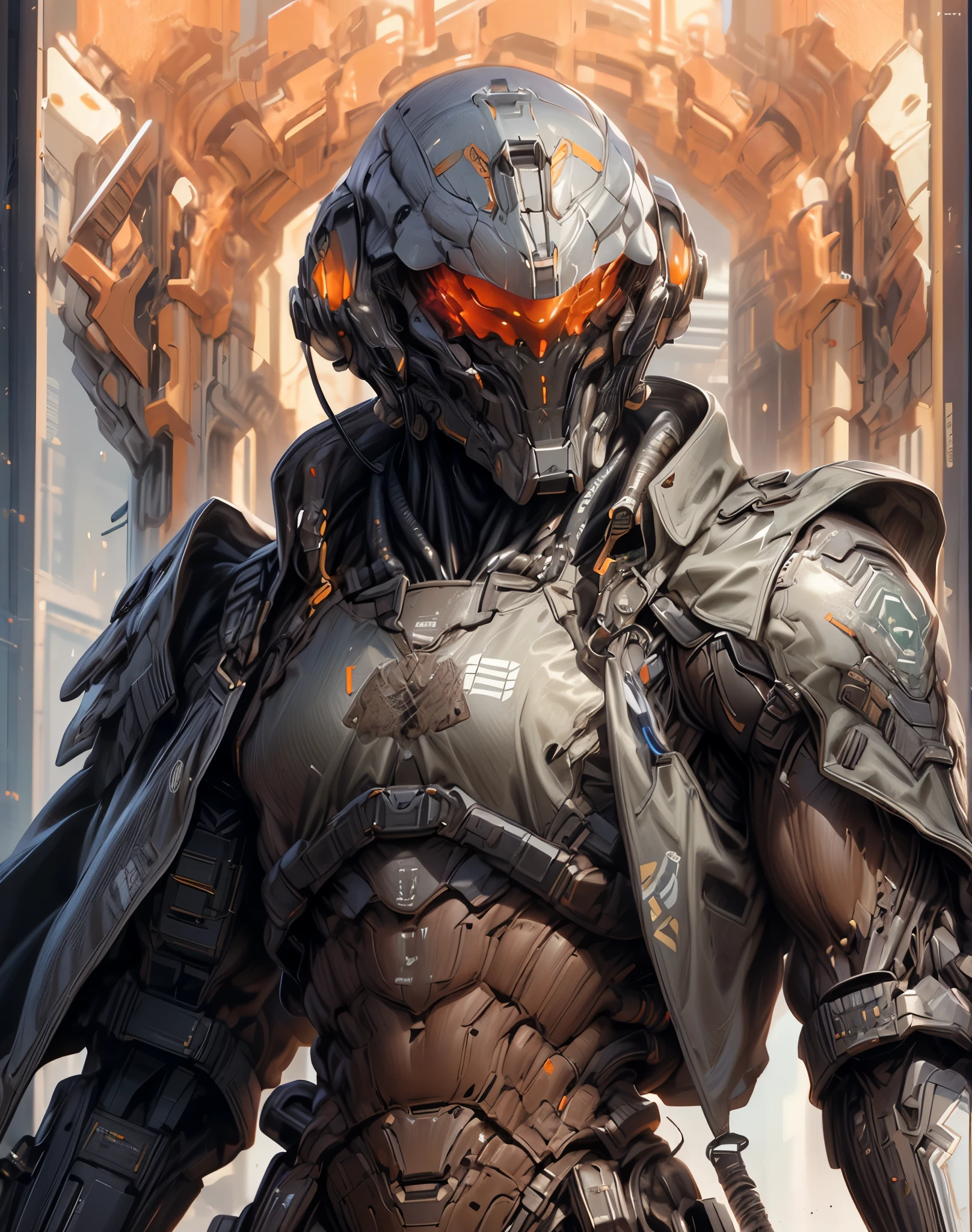 (((An epic and visually stunning digital anime masterpiece featuring a sylphlike masculine ((male:1.5)) decorated military dieselpunk cyborg soldier clad in a sleek yet tactical armored yet decorated leather military trench coat:1.2))), (((flat masculine male chest:1.5, mechanical full head helmet, mecha helmet with narrow orange eyes:1.5))), (((the character adorned in a (scifi tactical armored open front trench coat with a built in exoskeleton:1.5) (over a form fitted armor plated yet super sleek and revealing under suit with waist cut outs:1.3), the armor is beautifully engraved:1.4))), The image showcases the intricacies of the character’s armor and clothing:1.5, ((capturing their flamboyant essence and heavy mecha aesthetic:1.2)). The character also possesses an androgynous charm, (((with slim yet heavily muscled physique:1.2, sylphlike with a sleek waist, toned yet beautifully sleek cybernetic arms:1.3, mechanical arms and legs:1.3, mecha muscles:1.3))), looking at viewer, (((brass metal armor and brown leather, dieselpunk:1.3))), (((depth of field, cinematic lighting, chromatic aberration, ray tracing, UHD, masterpiece, top of head covered, super detail, high details, high quality, award winning, 8k, highres)))