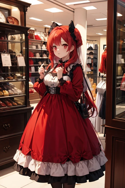 A red haired woman with red eyes with an hourglass is wearing a lolita dress in a dress shop