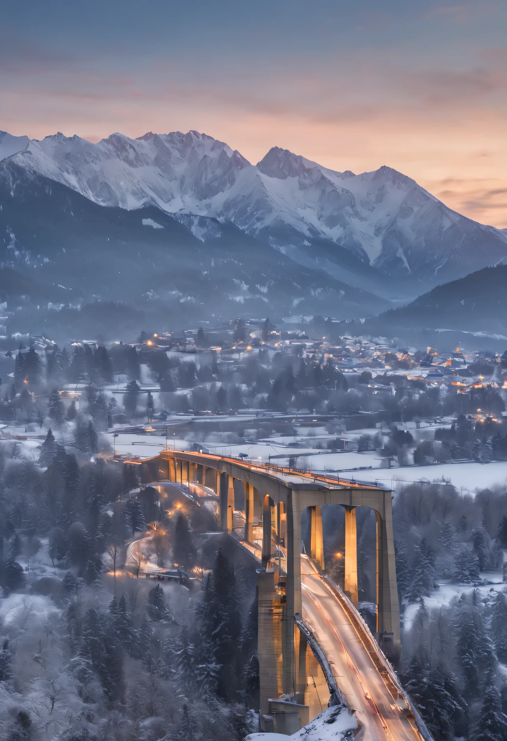 (((masterpiece))),(((best quality))),(((ultra-detailed))),tatra , mountains, winter, 4k, NIKON AF-S Nikkor 200-500 mm f/5.6E ED VR, sunrise, mountain landscape, city, bridge