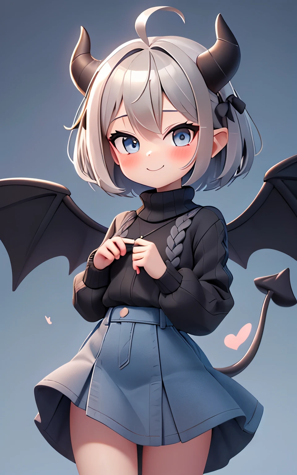 Pixar, 1girl in, (short silver hair:1.5), Eyes are red, Reaching out:1.5, blush, (Ahoge:1.2), eyes gentle, (A smile:1.2), Hair Bow, (Black devil wings and tail grow:1.3), Black sheep horns grow, (Black knitted sweater:1.3), (Denim Long Skirt:1.3), 独奏, Bangs, femele, Upper body